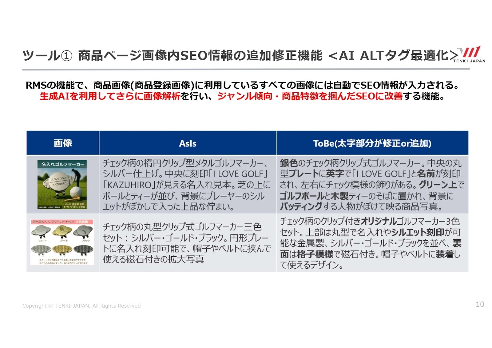 AI ALTタグ最適化の説明資料。ゴルフマーカーの画像と、画像を説明する文章の比較例